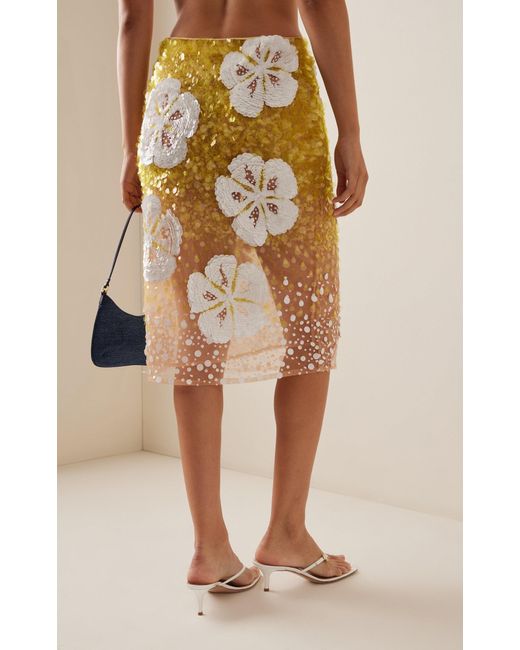 DES_PHEMMES Yellow Hibiscus Low-rise Sequined Midi Skirt