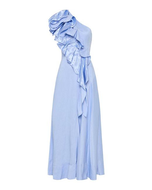 Aje. Blue Adelia One-shoulder Ruffled Dupioni-trimmed Linen-blend Midi Dress