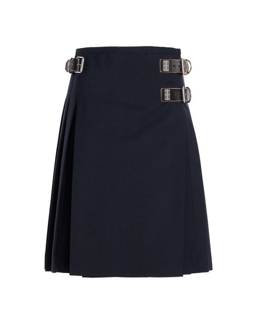 Prada Blue Belt-Detailed Pleated Wool-Blend Midi Skirt