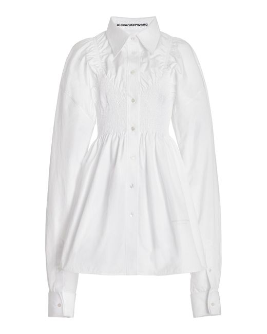 Alexander Wang White Smocked Cotton Mini Shirt Dress