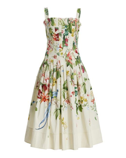 Oscar de la Renta White Floral & Fauna Pleated Cotton Midi Dress