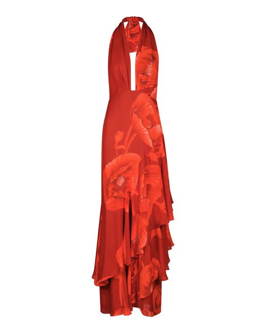Johanna Ortiz Red Elusive Spirit Plunged Silk Maxi Dress