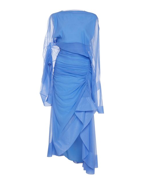 Mugler Blue Transparent Chiffon Asymmetric Dress