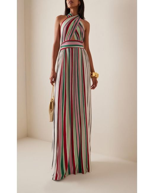 Elie Saab White Striped Jersey Maxi Dress