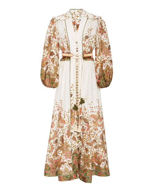 Zimmermann Natural Empire Belted Printed Linen Maxi Dress