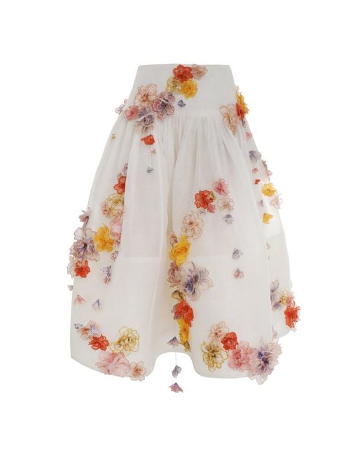 Zimmermann White Postcard Floral-appliqued Linen-silk Midi Skirt