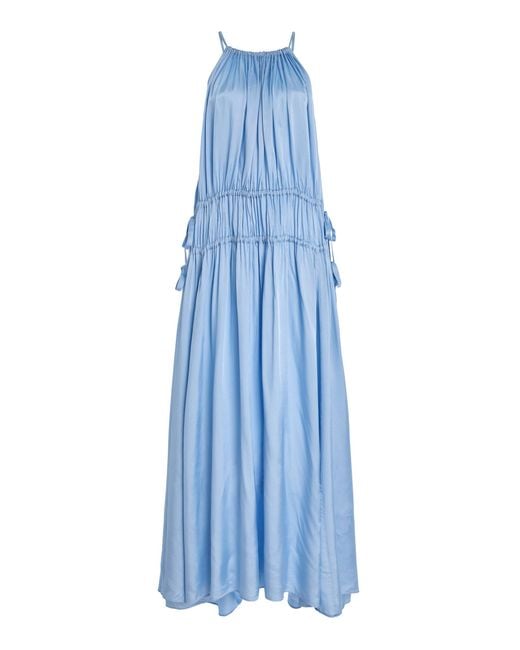 Bondi Born Blue Como Tie Gathered Twill-Satin Maxi Dress