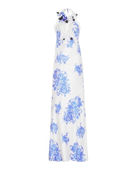 Rodarte Blue Floral-appliquéd Lace-trimmed Floral-silk Maxi Dress