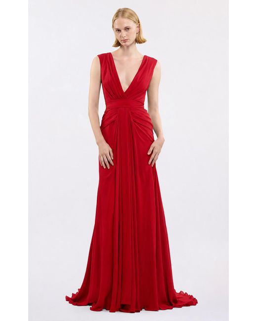 Elie Saab Red Draped V-Neck Silk Maxi Dress