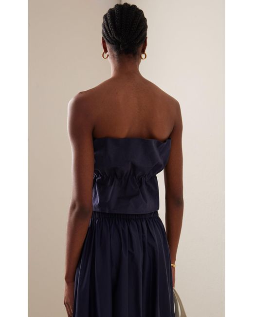 Staud Blue Dover Gathered Stretch-cotton Strapless Top