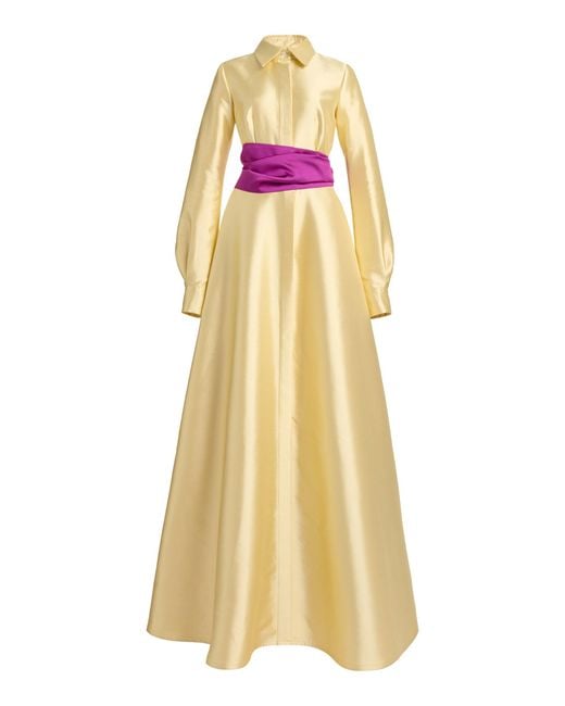 Greta Constantine Yellow Xolani + Simon Silk-Wool Belted Gown