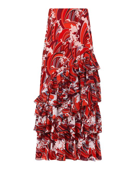 Dar Zéro Studio Red Exclusive Ruffled Silk Georgette Maxi Skirt