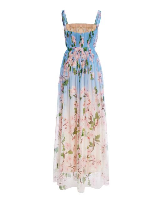 Oscar de la Renta Blue Pleated Silk Chiffon Gown