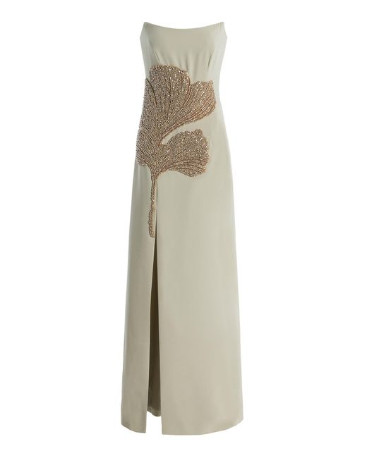 Costarellos Natural Faranna Crystal-Appliquéd Crepe Gown
