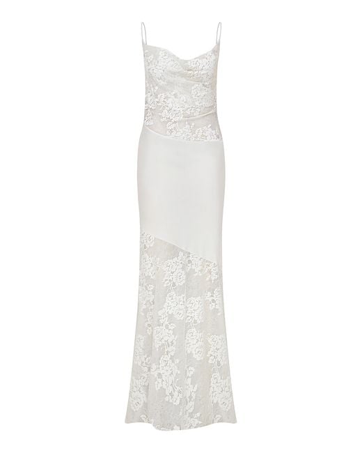 ILA THE BRAND White Brittany Lace-Paneled Satin Maxi Dress