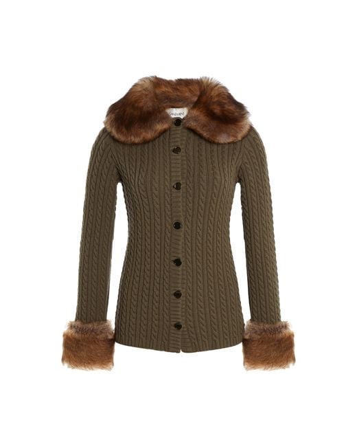 Saint Laurent Green Cashmere Cable Knit Cardigan With Fur Trim