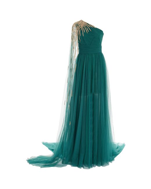 Pamella Roland Green Starburst-embellished One-shoulder Tulle Gown