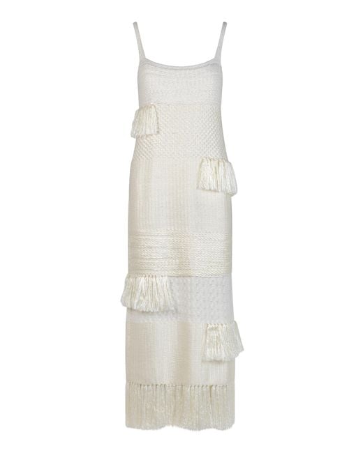 Heirlome White Lia Fringed Knit Silk Maxi Dress