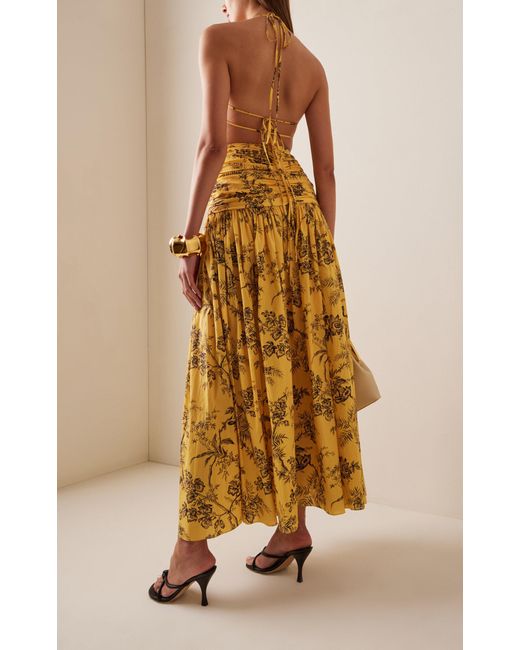 Carolina Herrera Yellow Pleated Cutout Cotton Ankle Length Dress