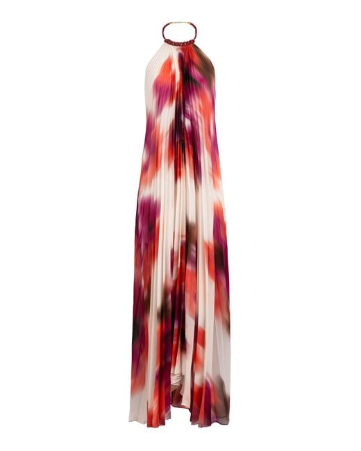 Silvia Tcherassi Red Contanza Plisse Chiffon Maxi Halter Dress