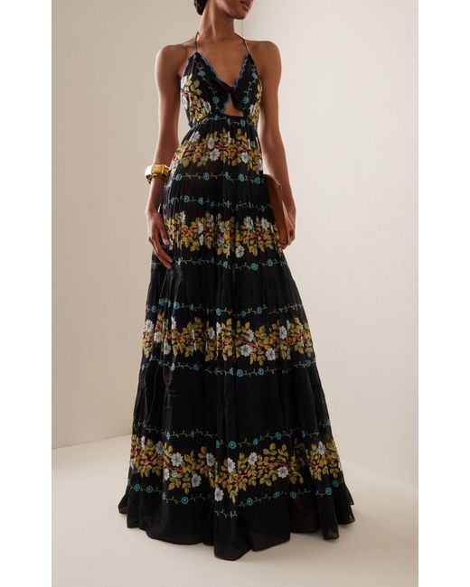 Etro Black Cutout Floral Cotton Tiered Maxi Halter Dress
