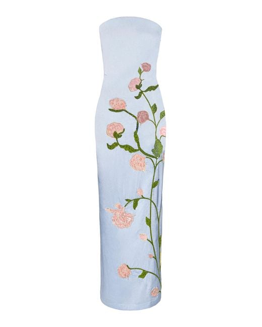 La Fuori Blue Whispering Tapestry Embroidered Silk Satin Maxi Dress