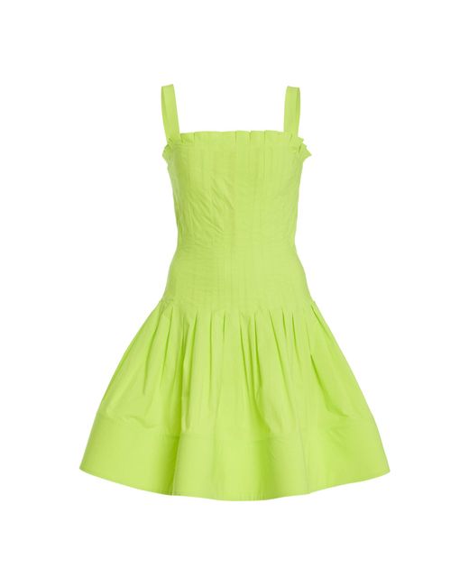 Oscar de la Renta Green Pleated Drop-waist Cotton Poplin Mini Dress