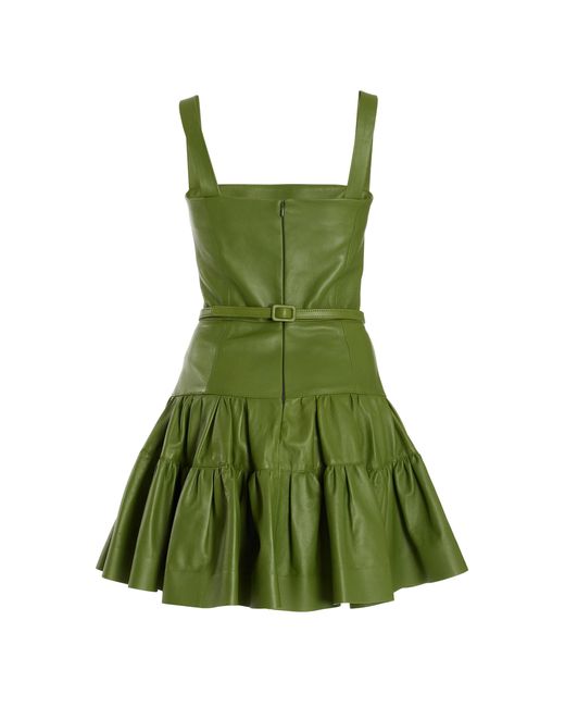 Oscar de la Renta Green Leather Tiered Mini Dress
