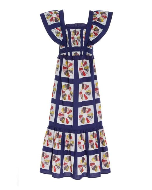 Sea Blue Pippin Smocked Patchwork-printed Cotton Maxi Apron Dress