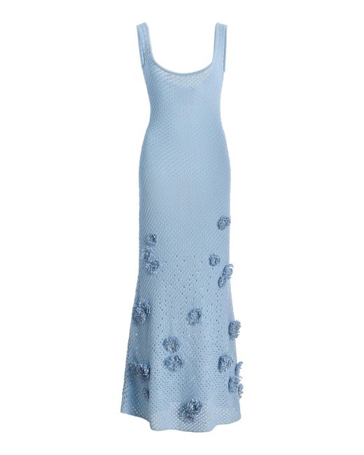 Oscar de la Renta Blue Embroidered Knit Cotton Mesh Midi Dress
