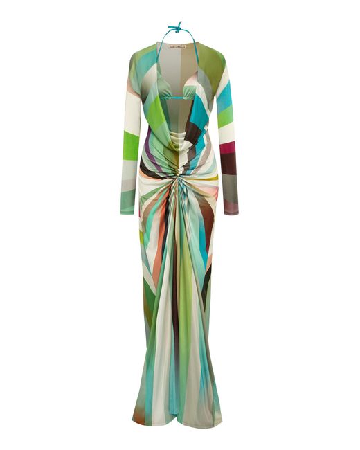 Siedres Green Linny Sun-ray Printed Cowl-neck Maxi Dress
