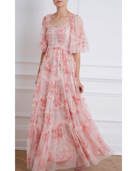 Needle & Thread Synthetic Ruby Bloom Smocked Gown in Pink - Lyst