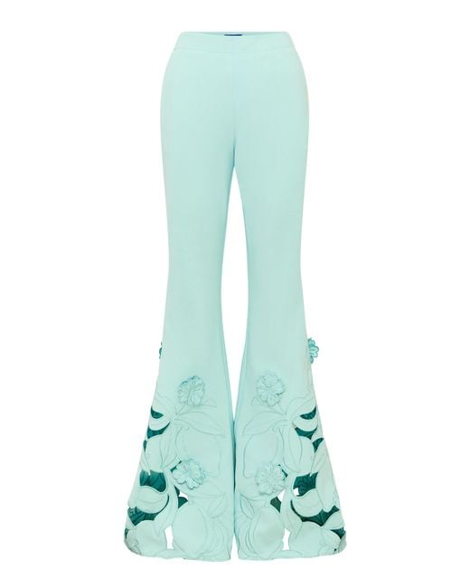 LEO LIN Green Applique Cutout Linen-Silk Bell Bottom Pants