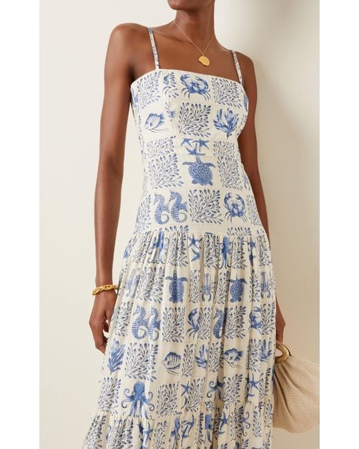 Agua by Agua Bendita Lima Tiered Printed Linen Maxi Dress in Blue | Lyst