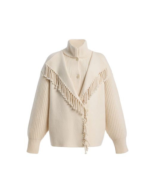 FRAME Natural The Cropped Fringed Jacquard Wool Coat