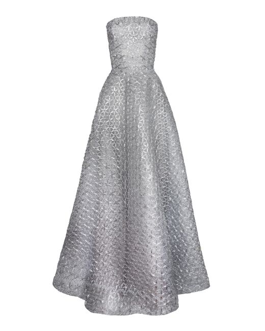 Naeem Khan Gray Metallic Raffia Strapless Gown