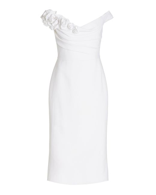 Marchesa White Floral-appliqued Crepe Off-the-shoulder Midi Dress