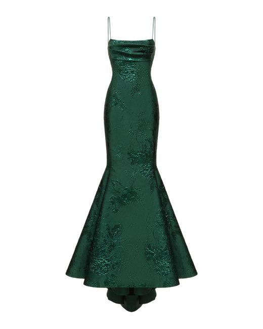Rasario Green Draped Jacquard Gown With Voluminous Skirt