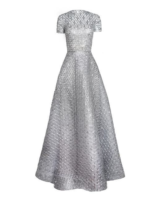 Naeem Khan Gray Metallic Raffia Short Sleeve Gown