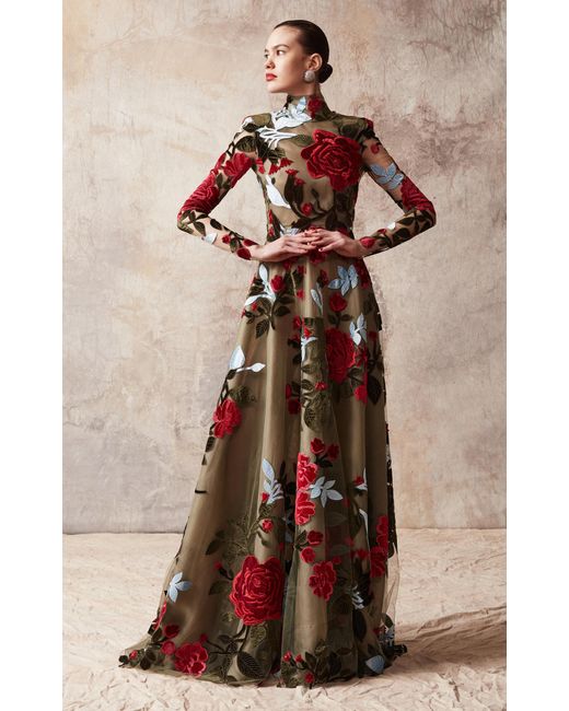 Naeem Khan Natural Velvet Applique Gown