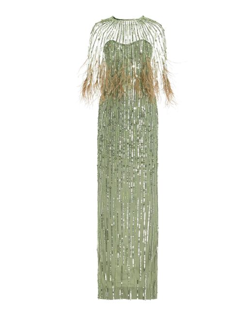 Pamella Roland Green Cape-detailed Sequined Gown