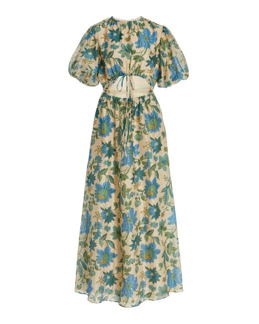 Sir. The Label Multicolor Celia Puff-sleeve Cutout Floral Cotton-silk Midi Dress