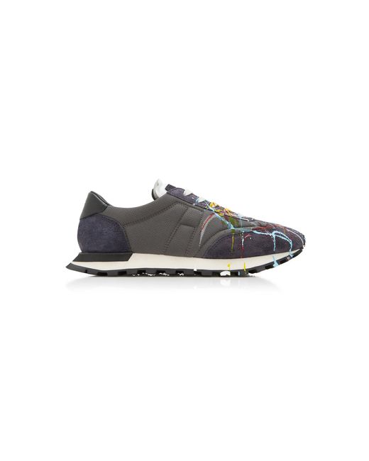 Maison Margiela Blue Paint-splattered Suede And Mesh Sneakers for men