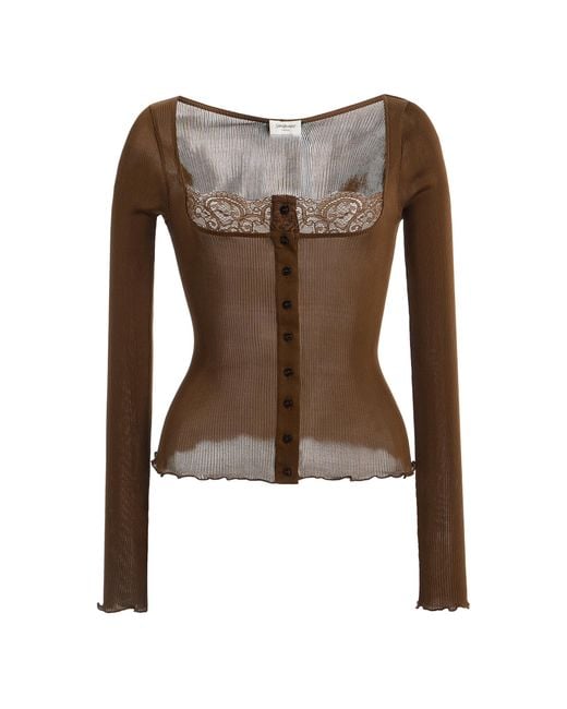 Saint Laurent Brown Lace-trimmed Ribbed Silk Jersey Top