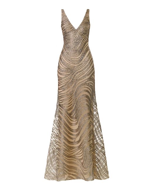 Naeem Khan Natural V-Neck Sequin Metallic Cording Fit-And-Flare Gown