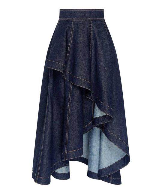 Zimmermann Blue Clash Denim Cotton-Blend Peplum Midi Skirt
