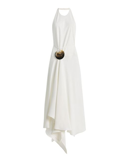 Sloan White Exclusive Crepe Asymmetric Midi Halter Dress