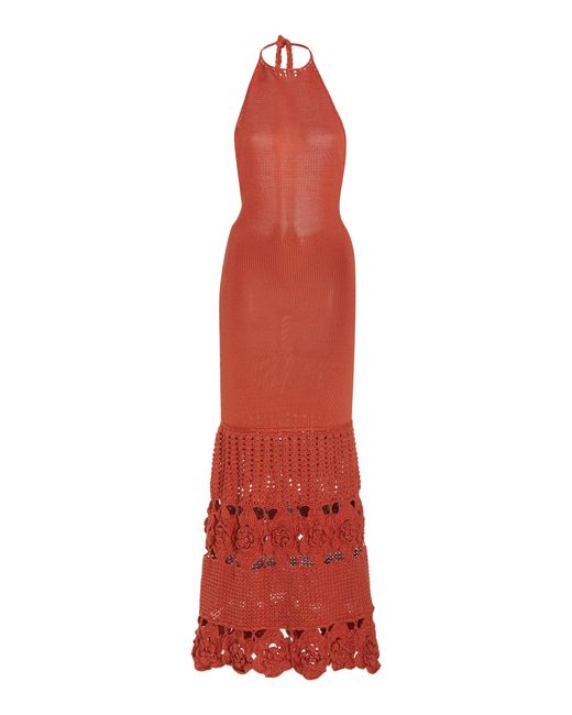 Alexis Red Carina Crochet-knit Bamboo Maxi Halter Dress
