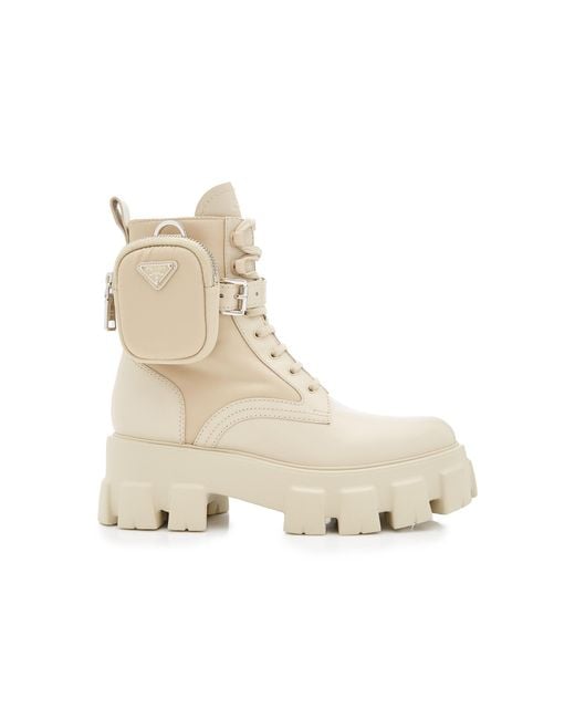 Prada Monolith Leather And Nylon Combat Boots in Natural | Lyst
