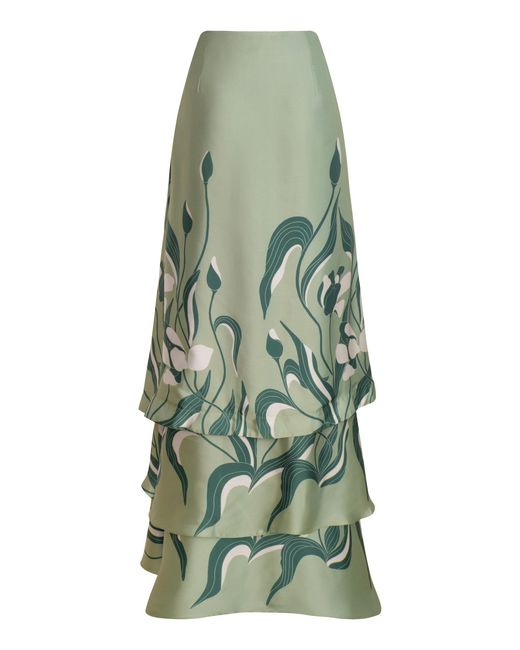 ANDRES OTALORA Green De Tulipanes Tiered Satin Maxi Skirt